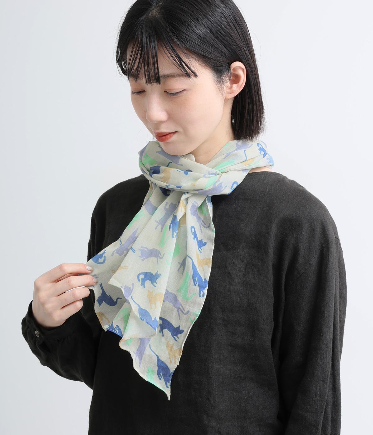 猫柄プリント柄ショール(グレー-F)