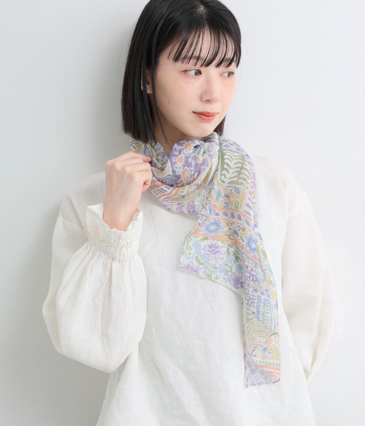 パッチワーク風プリントショール(ブルー-F)