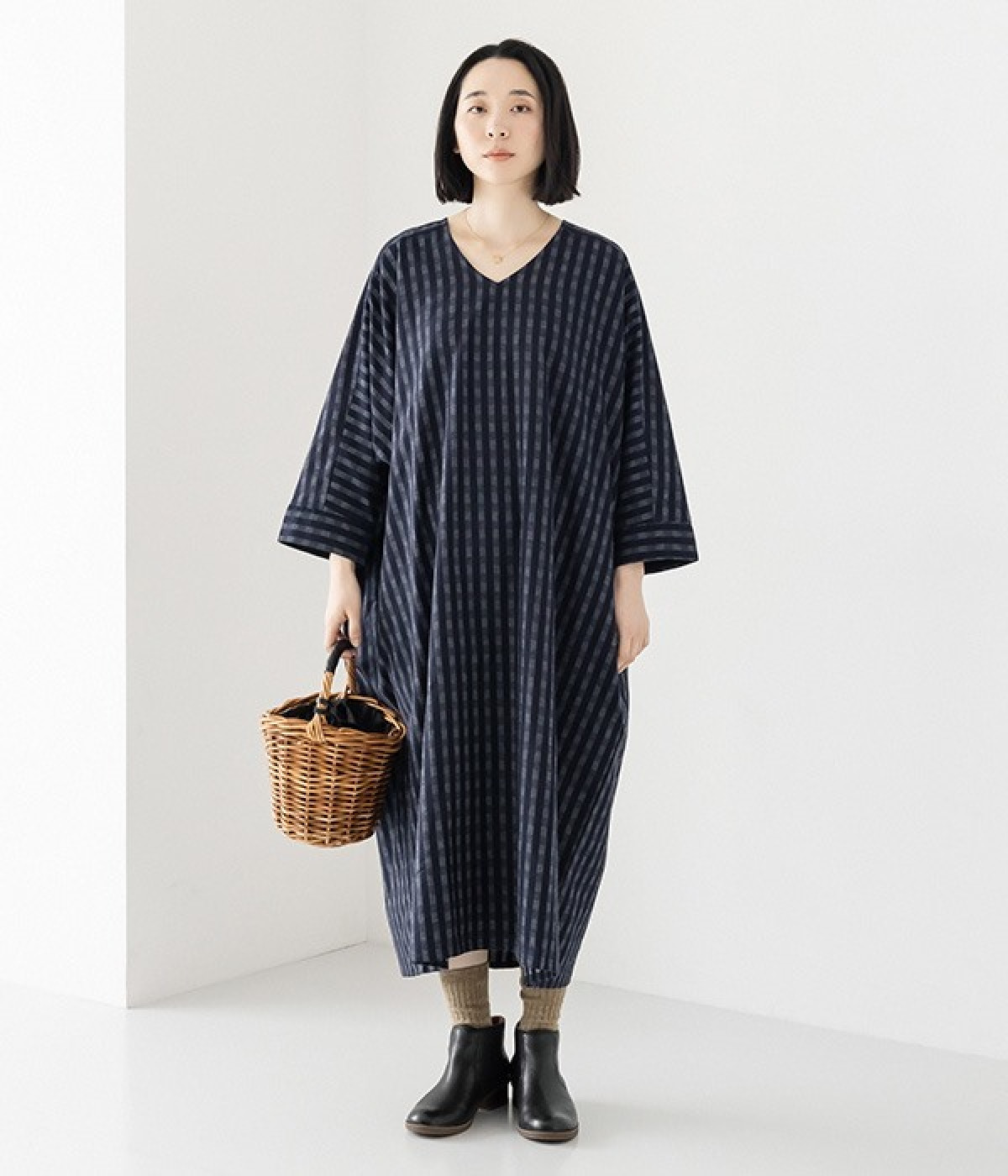一部別注｜ギンガムデニムワンピース(ネイビー-ONESIZE)