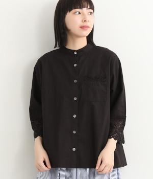 コットン袖口レース ブラウス(ブラック-ONESIZE)