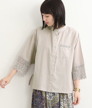 コットン袖口レース ブラウス(グレー-ONESIZE)