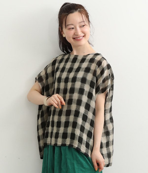 リネンギンガム　プルオーバーブラウス(ブラック-ONESIZE)