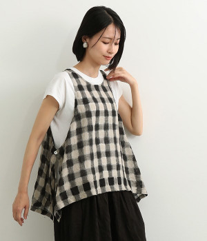 リネンギンガム　サイドボタンベスト(ブラック-ONESIZE)