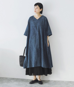 コットンジャカード　藍染めパッチワンピース(ネイビー-ONESIZE)