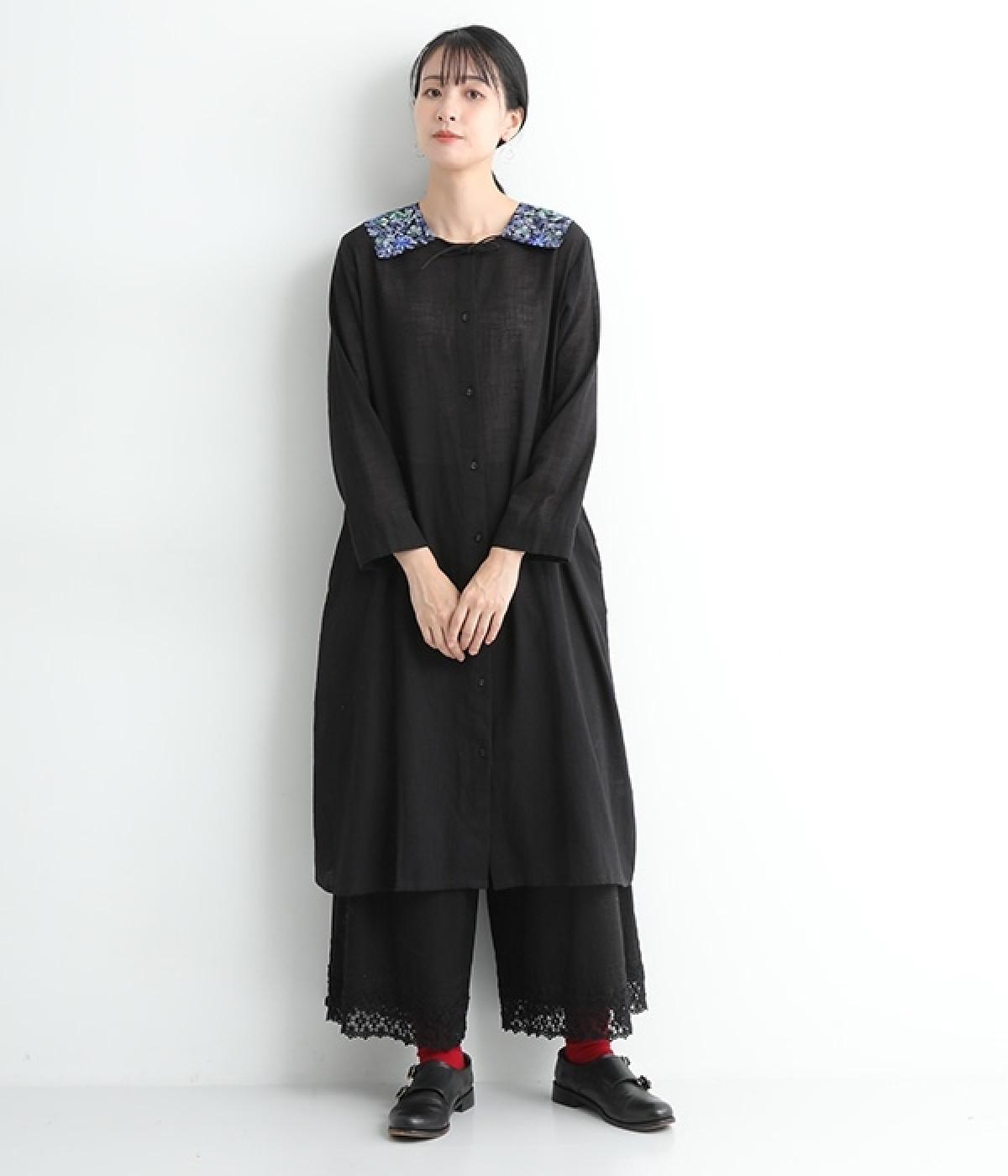 コットン　アリ刺繍襟セットワンピース(ブルー-ONESIZE)