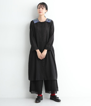 コットン　アリ刺繍襟セットワンピース(ブルー-ONESIZE)