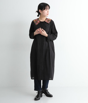 コットン　アリ刺繍襟セットワンピース(ブラウン-ONESIZE)