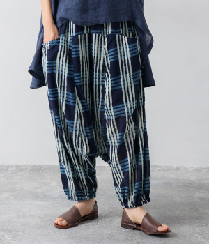 インディゴチェックサルエルパンツ