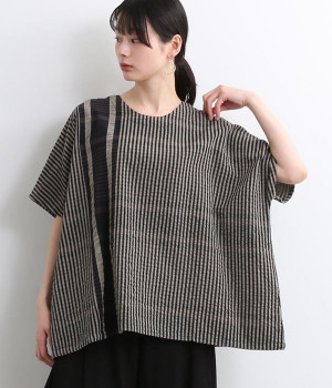 コットンチェックサッカープルオーバーブラウス(ブラック-ONESIZE)