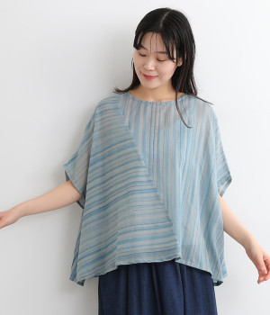 コットン手描き切り替えプルオーバー(ブルー-ONESIZE)