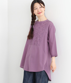 コットンキャンブリックロータスアリ刺繍プルオーバーブラウス(パープル-ONESIZE)