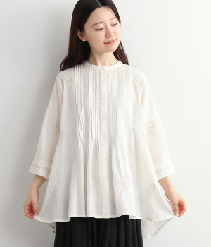 コットンピンタック×ラクノウ刺繍ブラウス(ホワイト-ONESIZE)
