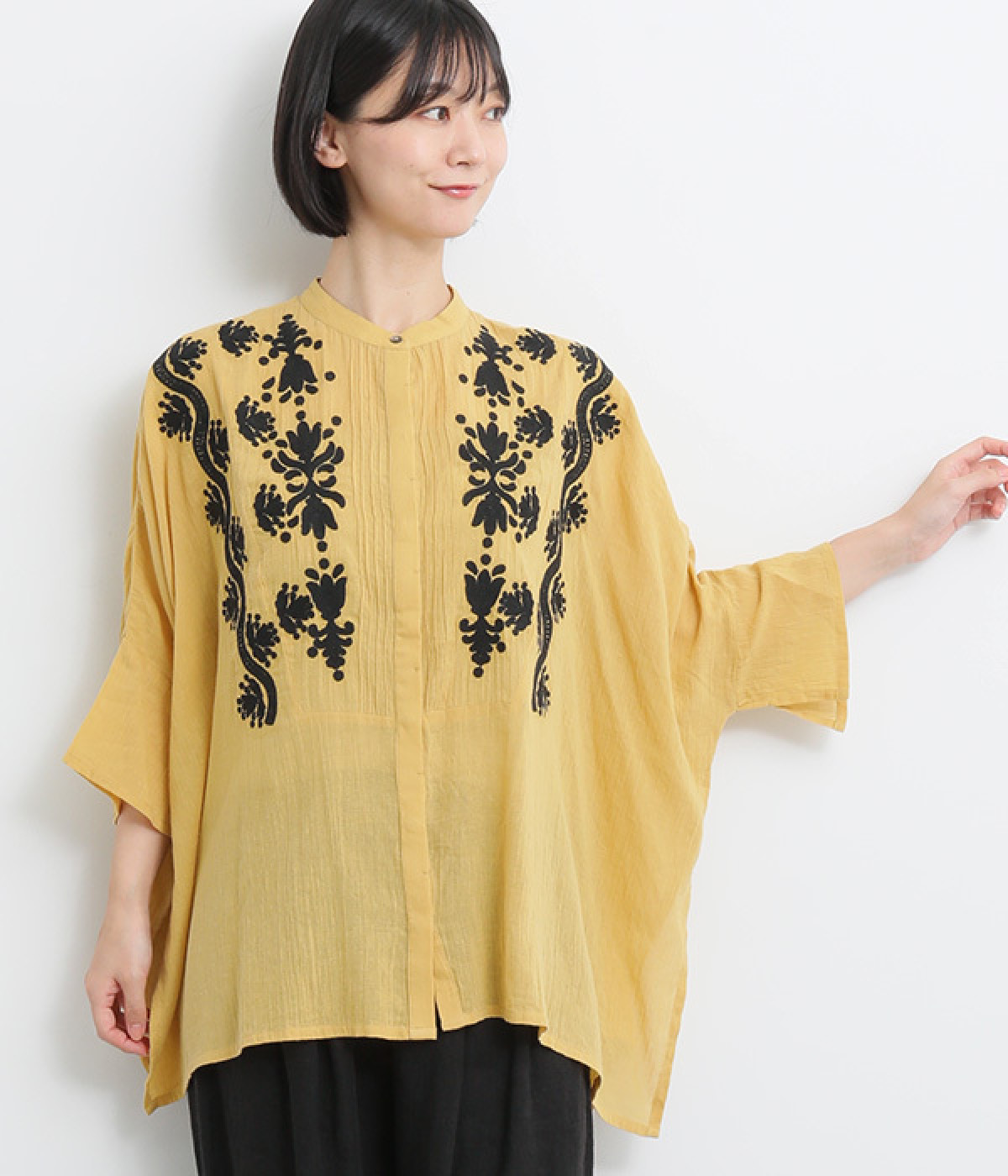 コットンアリ刺繍ピンタックブラウス(イエロー-ONESIZE)