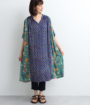 ブロックプリントコンビギャザーワンピース(グリーン-ONESIZE)