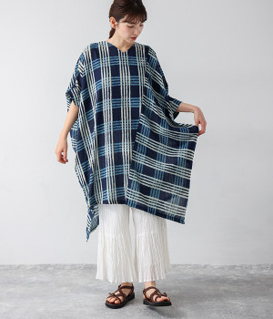 インディゴチェックイレヘムワンピース(ネイビー-ONESIZE)