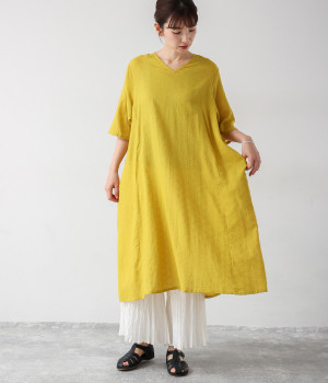 コットンジャカードVネックワンピース(イエロー-ONESIZE)