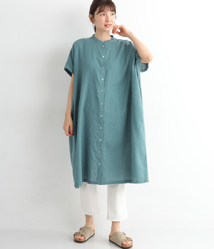 リネンスタンドネックワンピース(ブルー-ONESIZE)