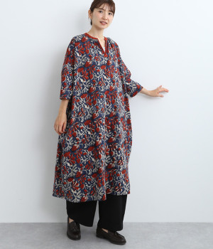 フラワーブロックプリントドレス(レッド-ONESIZE)