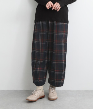 コットンチェック裾タックパンツ(ネイビー-ONESIZE)