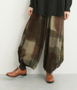 ダブルガーゼ手書き柄サイドタックパンツ(グリーン-ONESIZE)