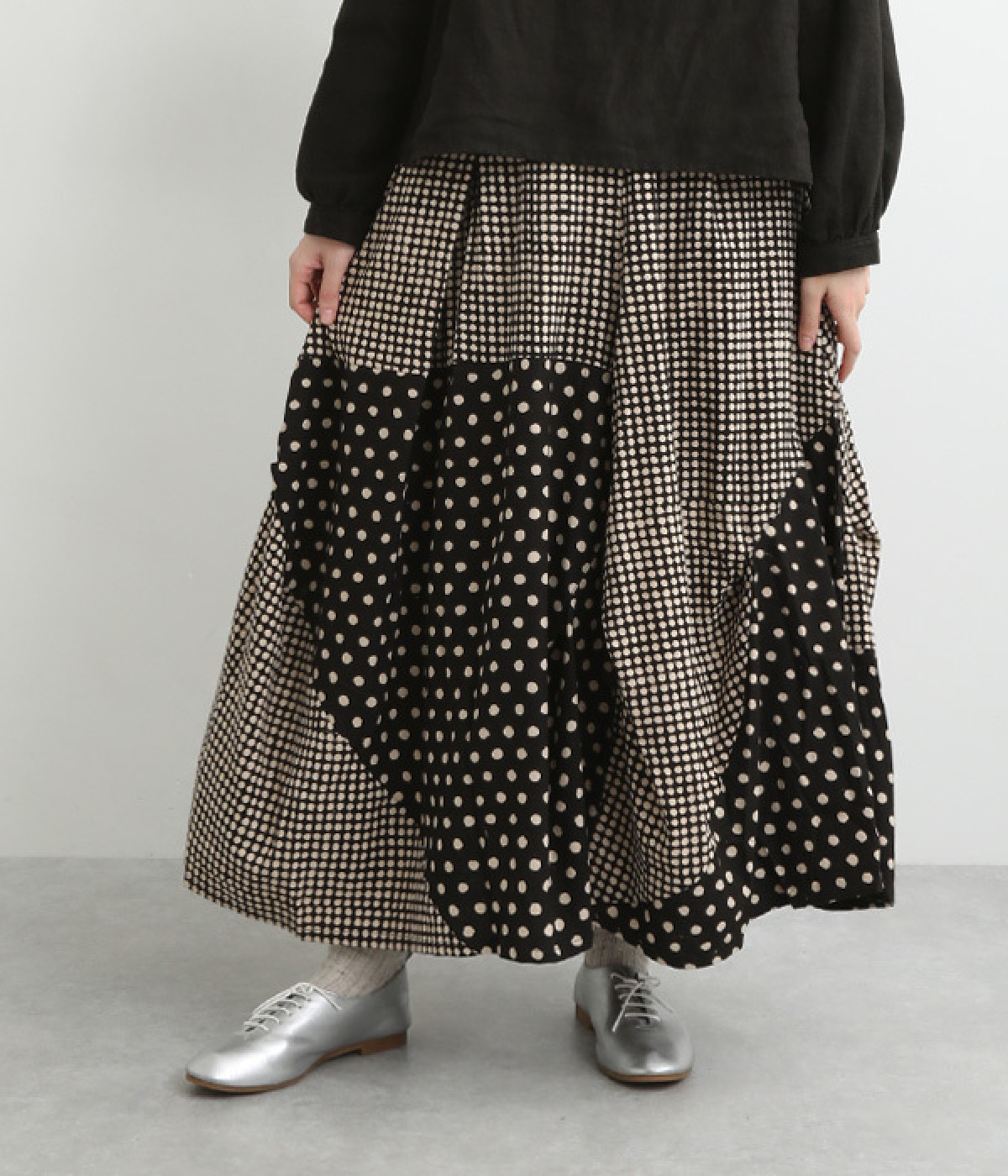 コットンドットコンビパッチスカート(ブラック-ONESIZE)
