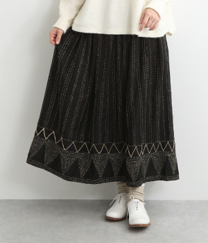 リネン混カンタ刺繍スカートN(ブラック-ONESIZE)