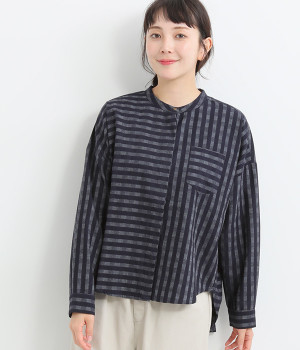 コットンギンガムデニムブラウス(ネイビー-ONESIZE)