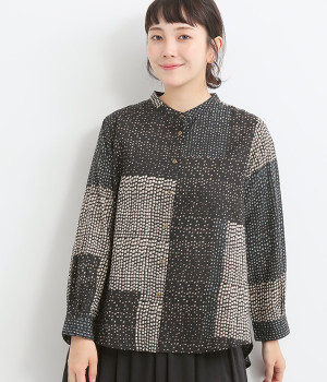 コットンモザイクドットブラウス(ブルー-ONESIZE)