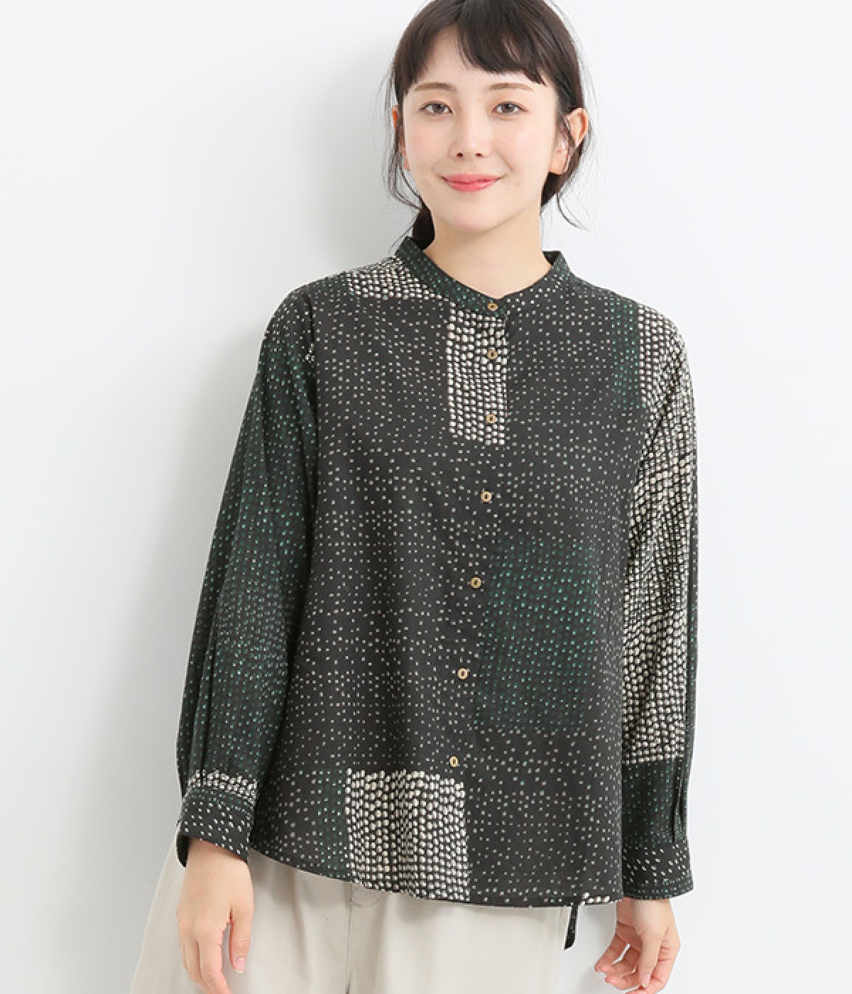 コットンモザイクドットブラウス(グリーン-ONESIZE)