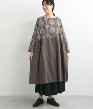 コットン刺繍地コンビ前開きワンピース(グレー-ONESIZE)
