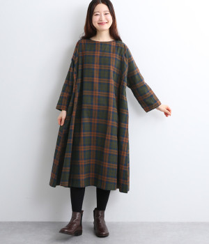 コットンチェックサイドピンタックワンピース(ブラウン-ONESIZE)