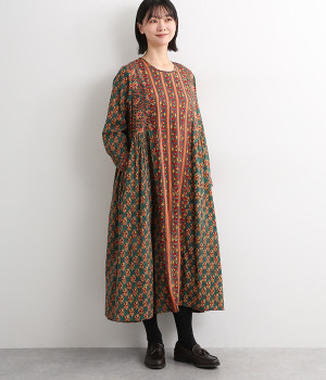 フラワーストライププリントワンピース(ターコイズ-ONESIZE)