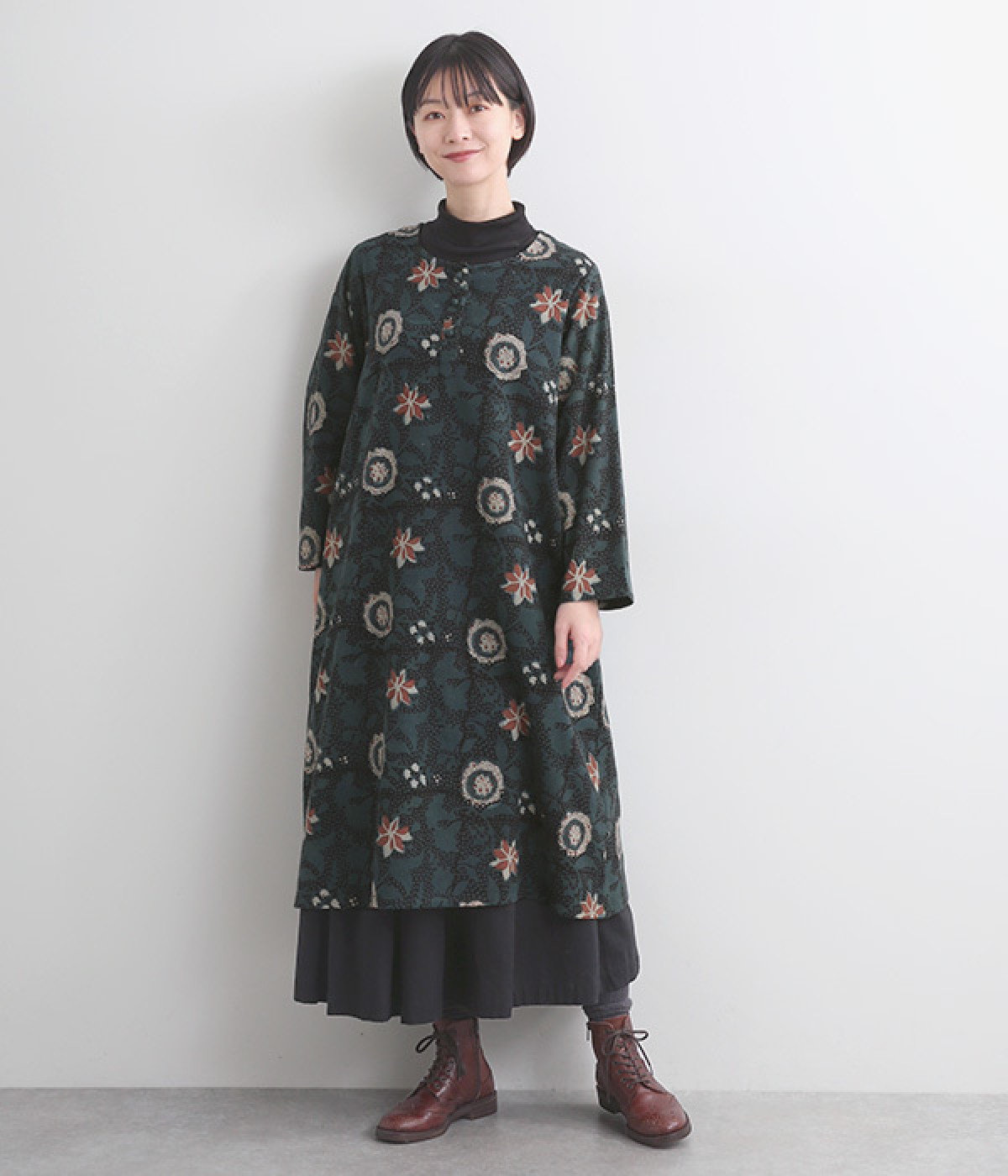 コットン花柄ブロックプリントワンピース(グリーン-ONESIZE)