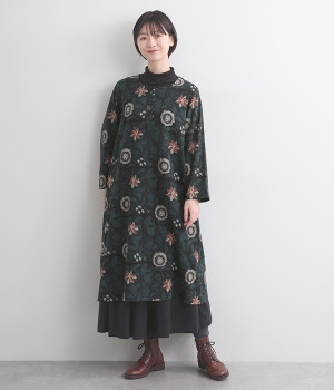 コットン花柄ブロックプリントワンピース(グリーン-ONESIZE)