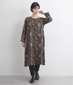 コットン花柄ブロックプリントワンピース(グレー-ONESIZE)