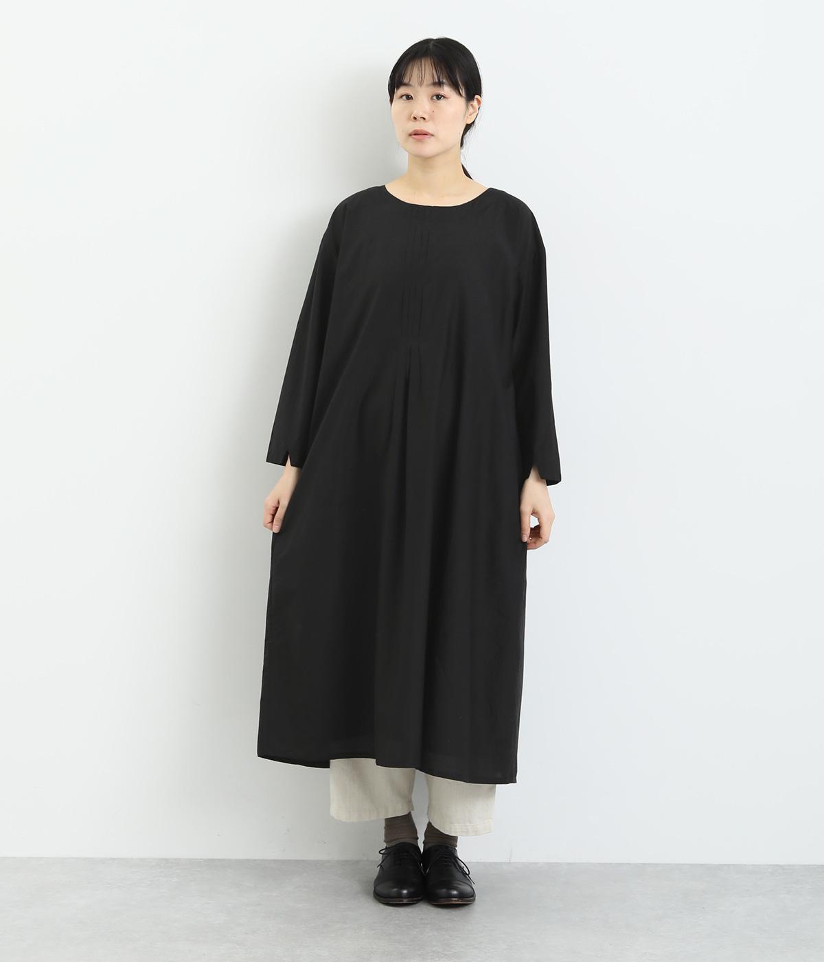 環コットンシルクピンタックワンピース(ブラック-F)