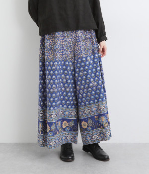 ゴールド花プリントパンツ(ブルー-ONESIZE)