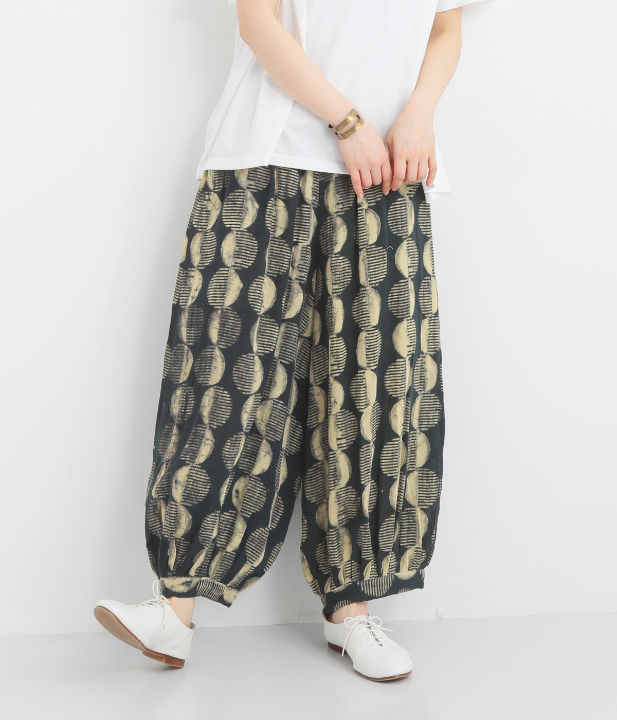 コットンドットブロックプリントバルーンパンツ(グリーン-ONESIZE)