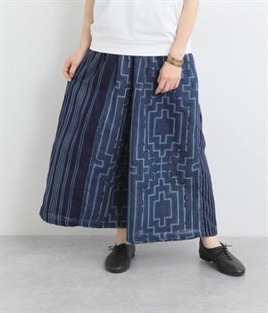 モン族柄藍染プリントワイドパンツ