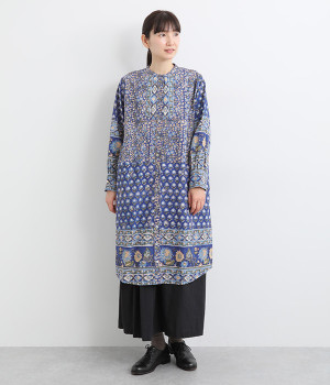 ゴールド花プリントチュニック(ブルー-ONESIZE)