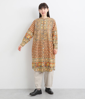 ゴールド花プリントチュニック(オレンジ-ONESIZE)