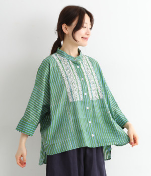 刺繍&ストライププリントブラウス(グリーン-ONESIZE)