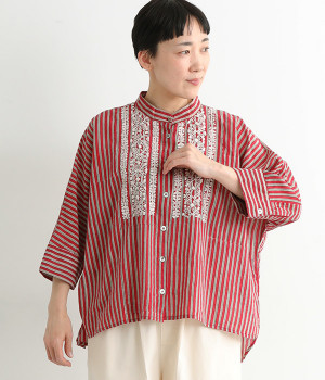 刺繍&ストライププリントブラウス(レッド-ONESIZE)