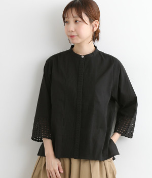 コットンピンタックレースブラウス(ブラック-ONESIZE)