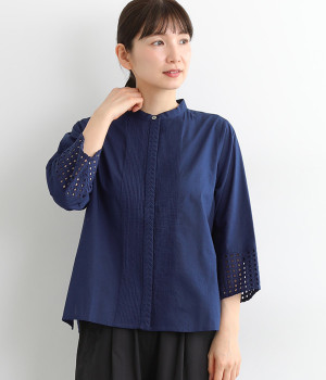 コットンピンタックレースブラウス(ブルー-ONESIZE)