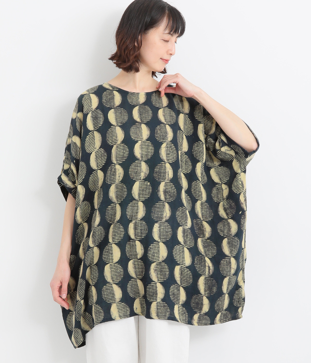 コットンドットブロックプリントチュニック(グリーン-ONESIZE)