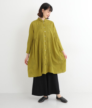 コットンラクノウ刺繍シャツカラーチュニック(イエロー-ONESIZE)