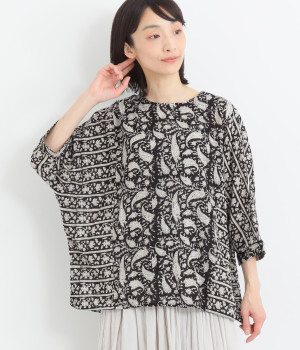 コットンペーズリーブロックプリントプルオーバー(ブラック-ONESIZE)