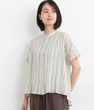 コットンストライプショートブラウス(白系-ONESIZE)