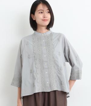 コットンラクノウ刺繍スタンドカラーブラウス(グレー-ONESIZE)